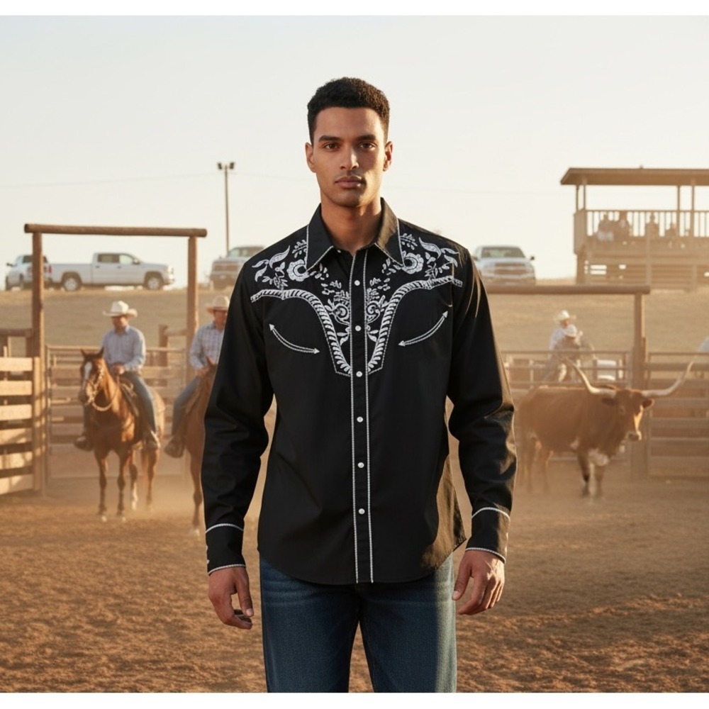New Western Rodeo‎ Cowboy Americana Embroidered Poplin Button Down Shirt L Black